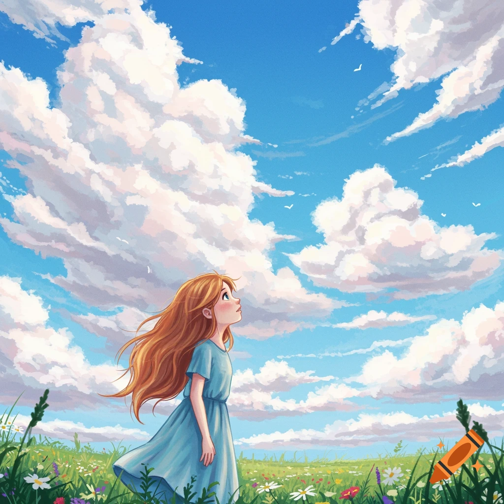 Illustration of a young girl looking up at large clouds in a field of flowers.