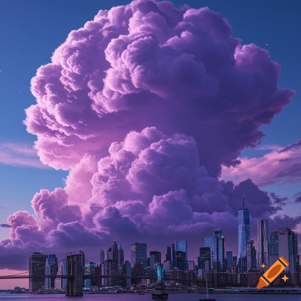 A giant purple cloud over the New York City skyline