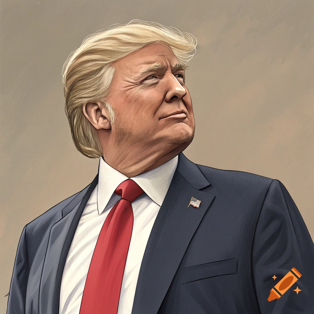 Stylized portrait illustration of Donald Trump looking up.