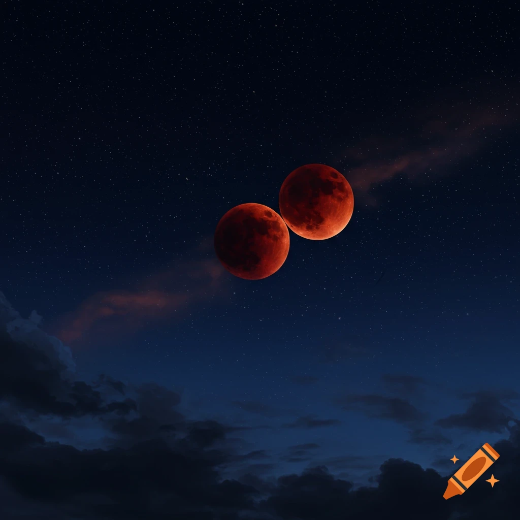 Two blood moons in a dark, starry night sky with clouds.