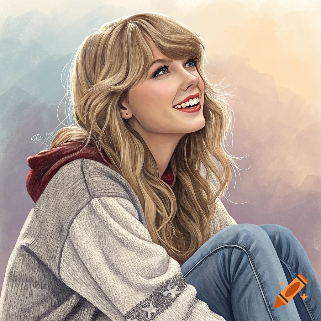 Painterly portrait of Taylor Swift smiling and looking up