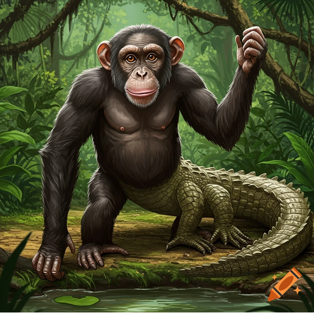 A creature that is half chimpanzee and half crocodile in a jungle.