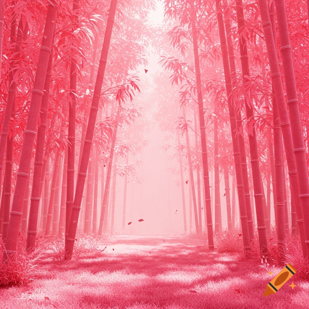 A vibrant pink bamboo forest with a path leading into a foggy distance.