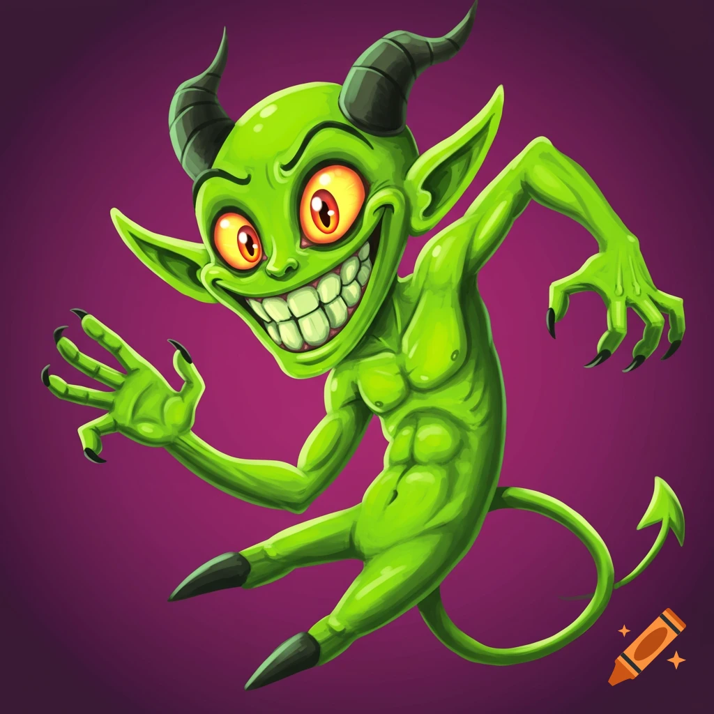 A green cartoon demon with horns and a tail leaps with a wide grin.