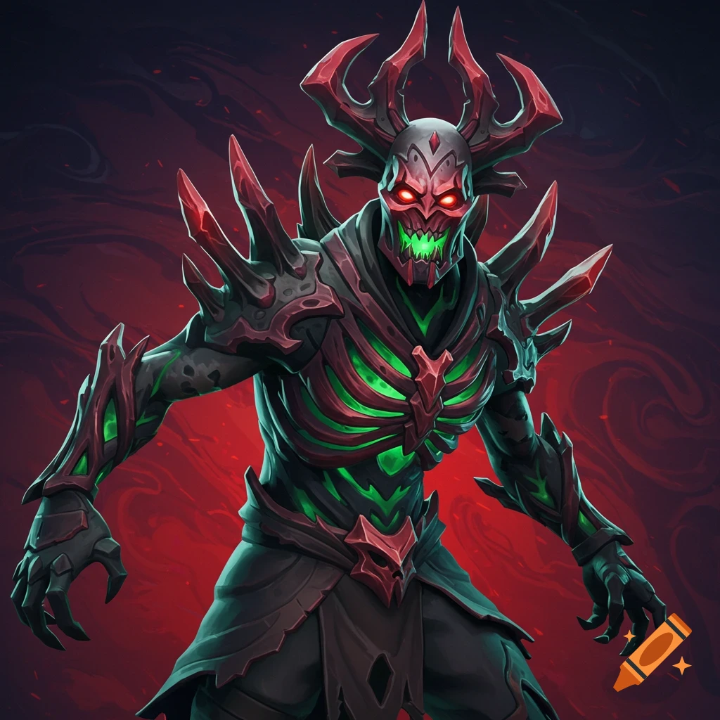 A Fortnite style character with red horns, spiked armor, glowing green chest, and red eyes against a red background.