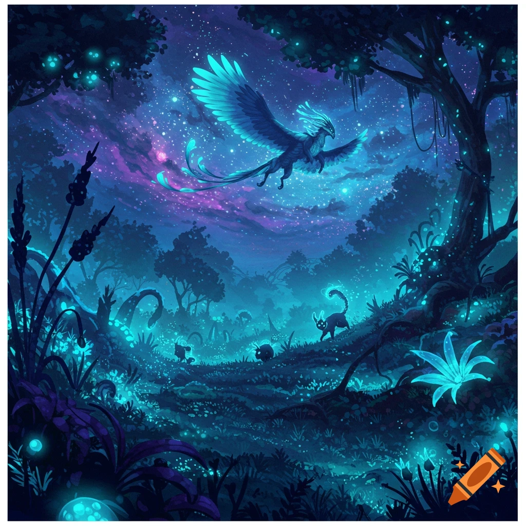 A fantasy creature flies over a glowing forest scene at night with small animals.