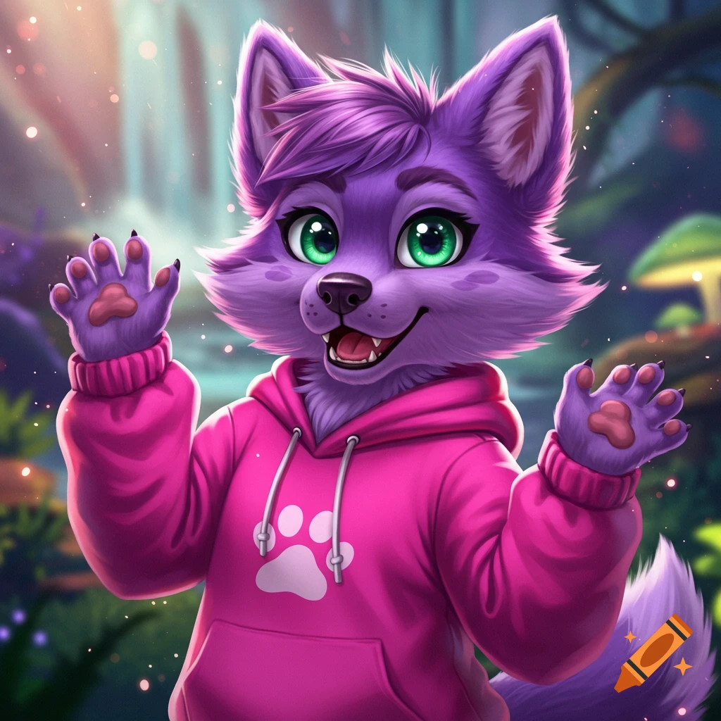 A cute purple wolf furry character with green eyes wears a pink hoodie with a paw print, raising its paws in a forest setting.