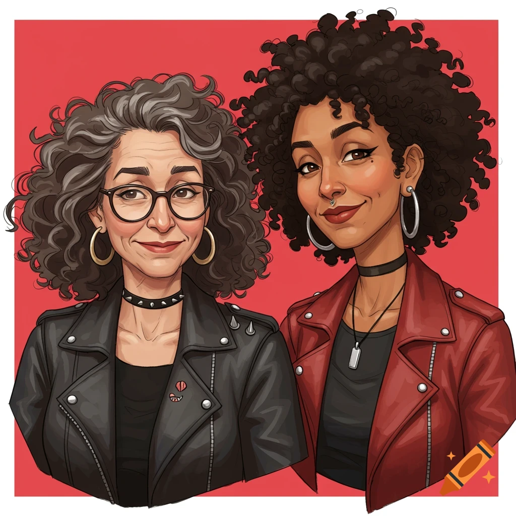 Cartoon portrait of two women in leather jackets and chokers smiling against a red background.