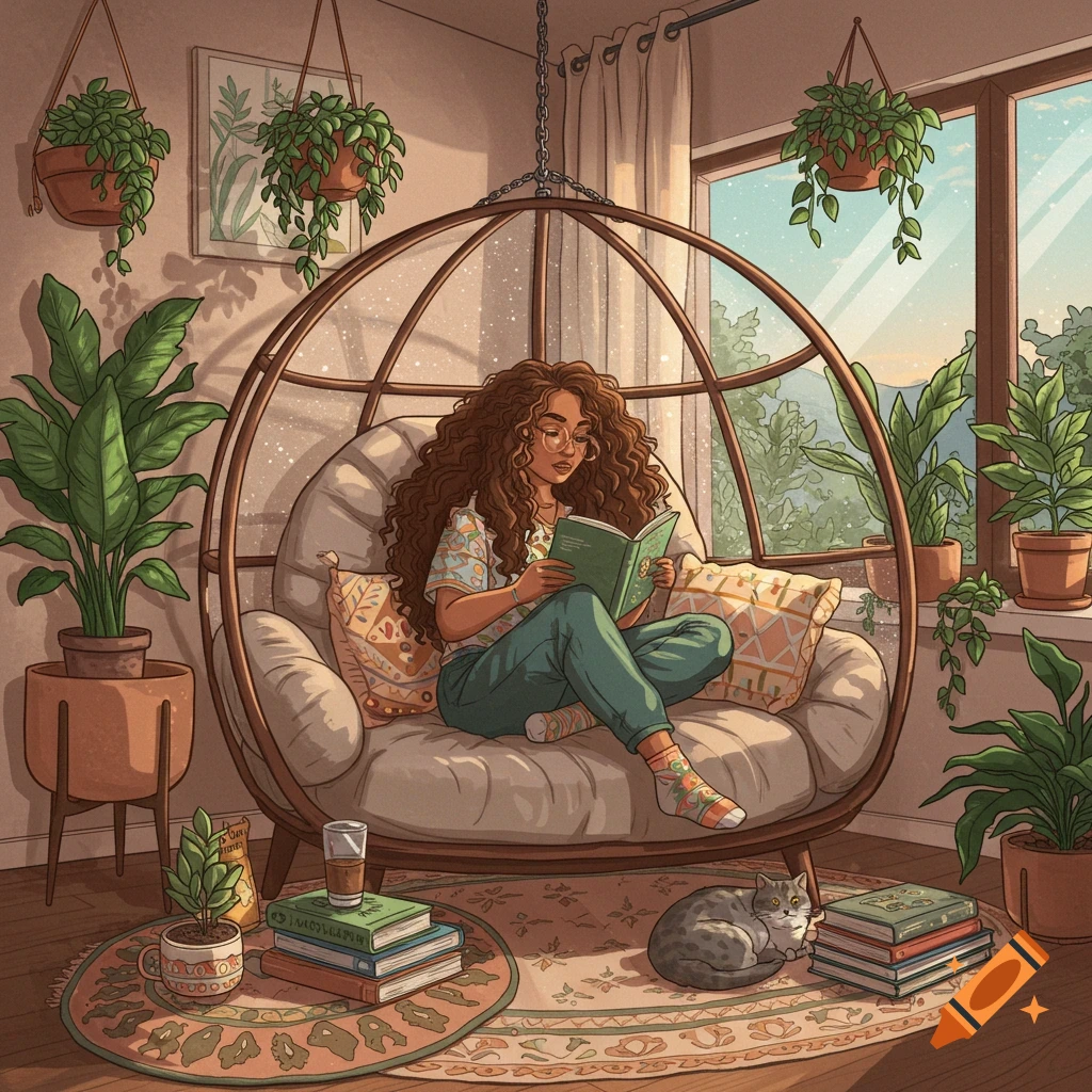 A woman with curly hair reads in a hanging dome chair, surrounded by plants and books, with a cat sleeping on the floor.