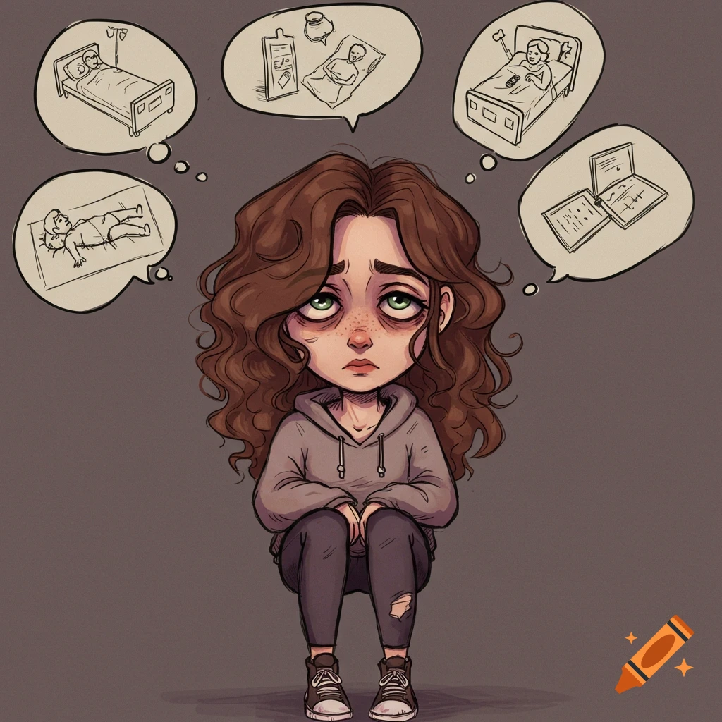 A cartoon illustration of a young woman looking stressed, with thought bubbles depicting stressful situations.