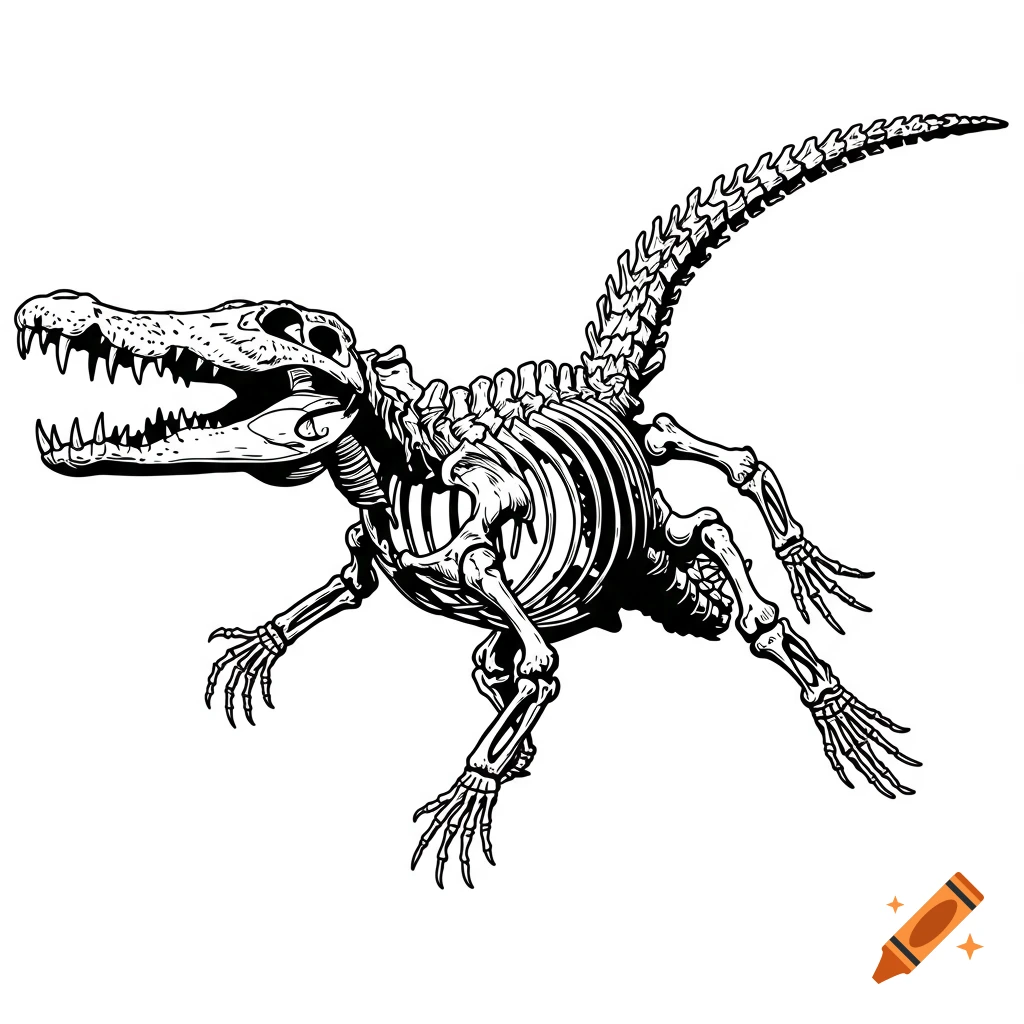 A black and white vector illustration of a crocodile skeleton.