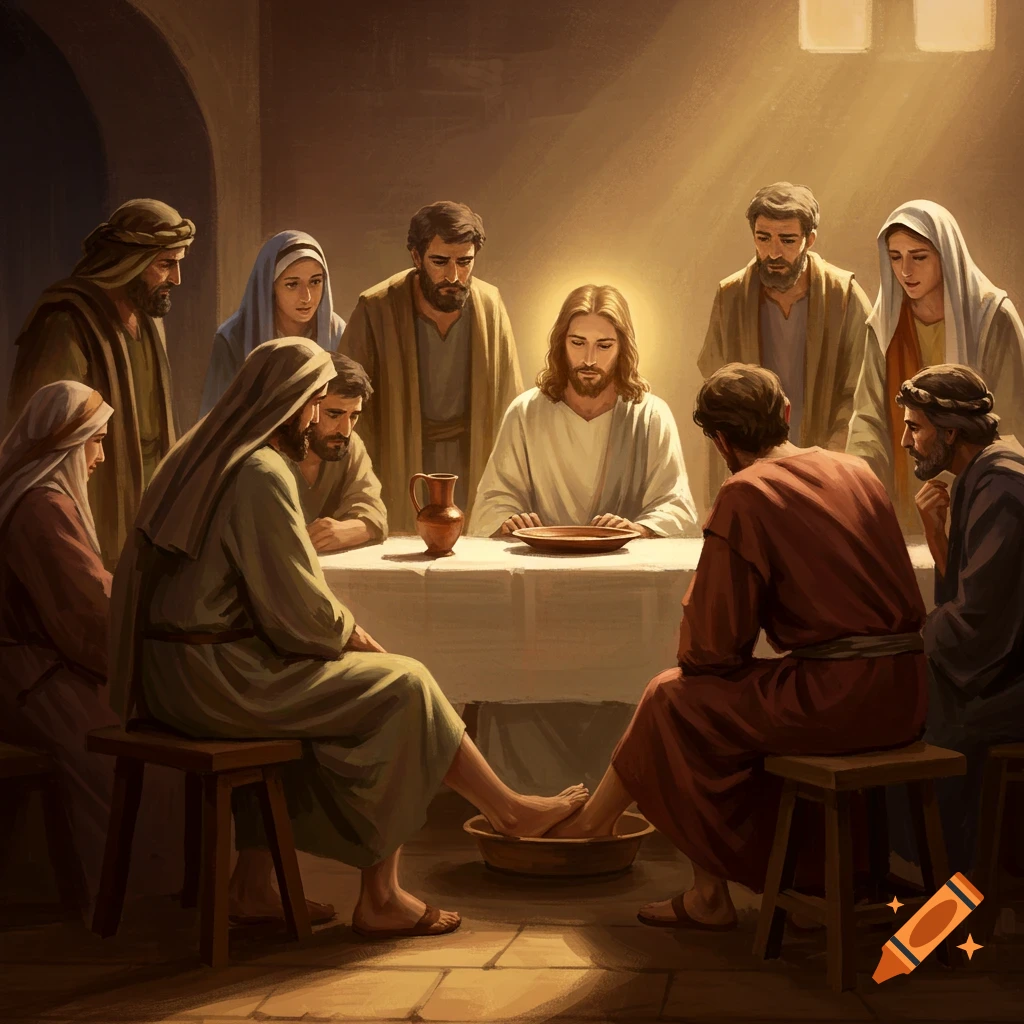 Jesus is washing a disciple's feet at a table with others present.