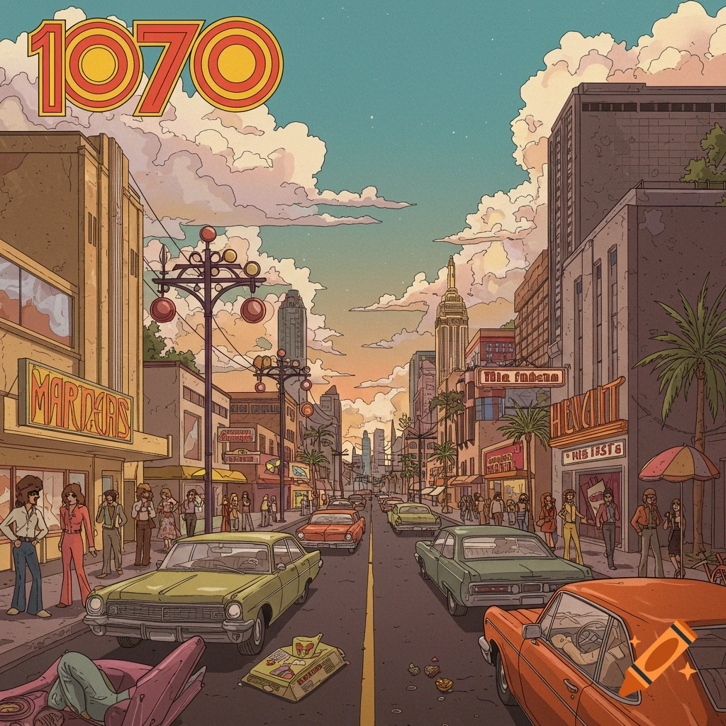 Retro illustration of a 1970s city street with cars, buildings, and people.