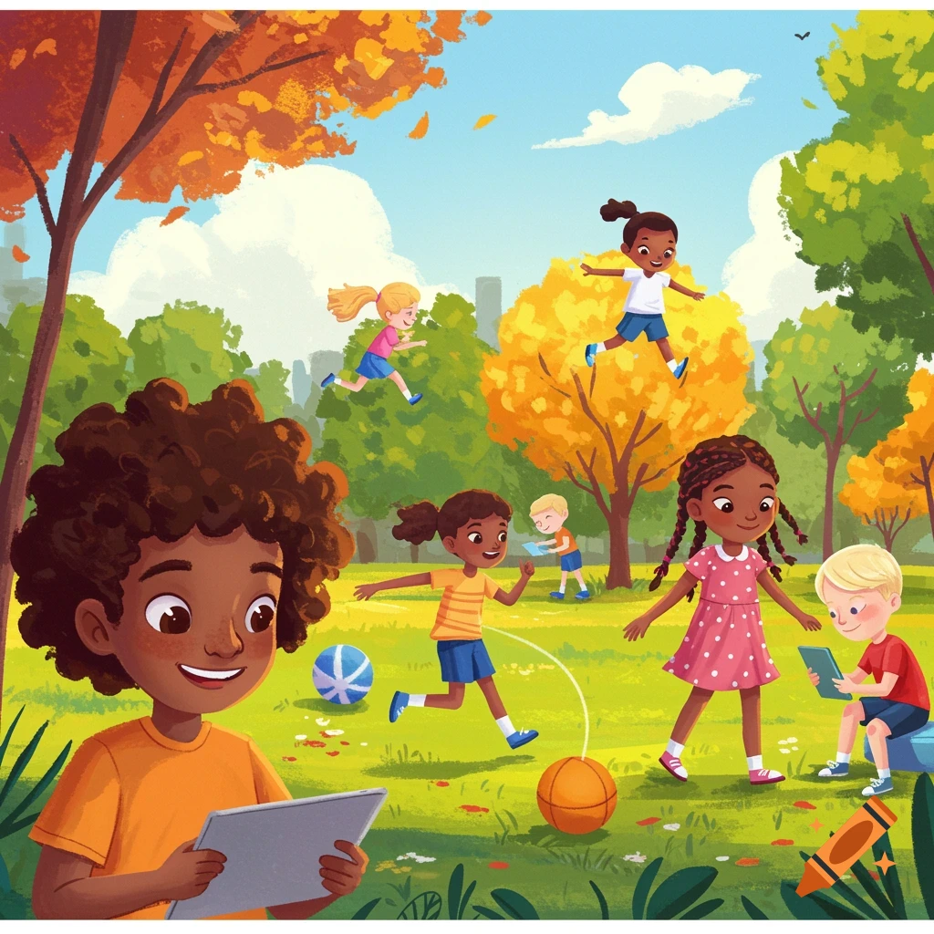 Illustration of diverse children playing, reading, and using tablets in a sunny park, depicting screentime moderation.