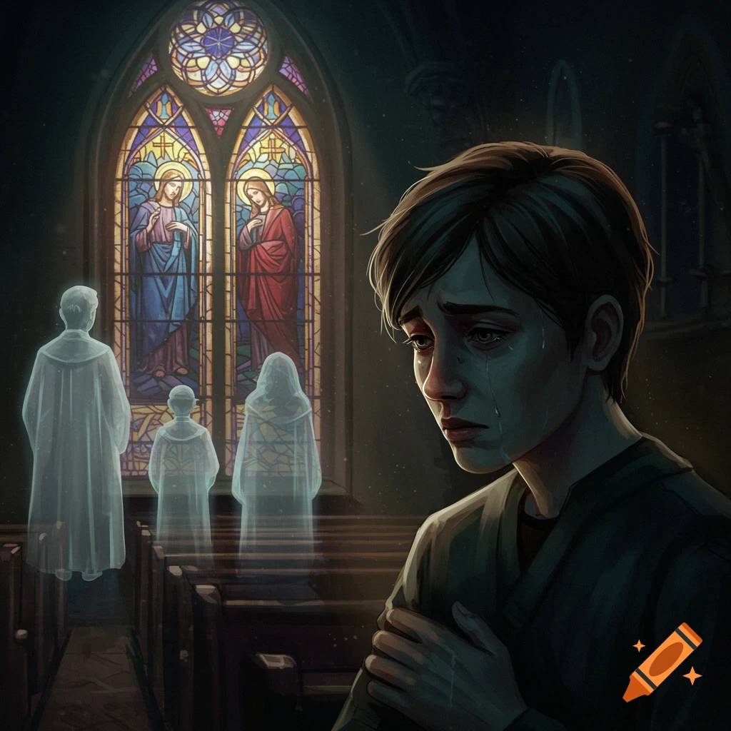 A crying person in a church with translucent figures and a stained glass window