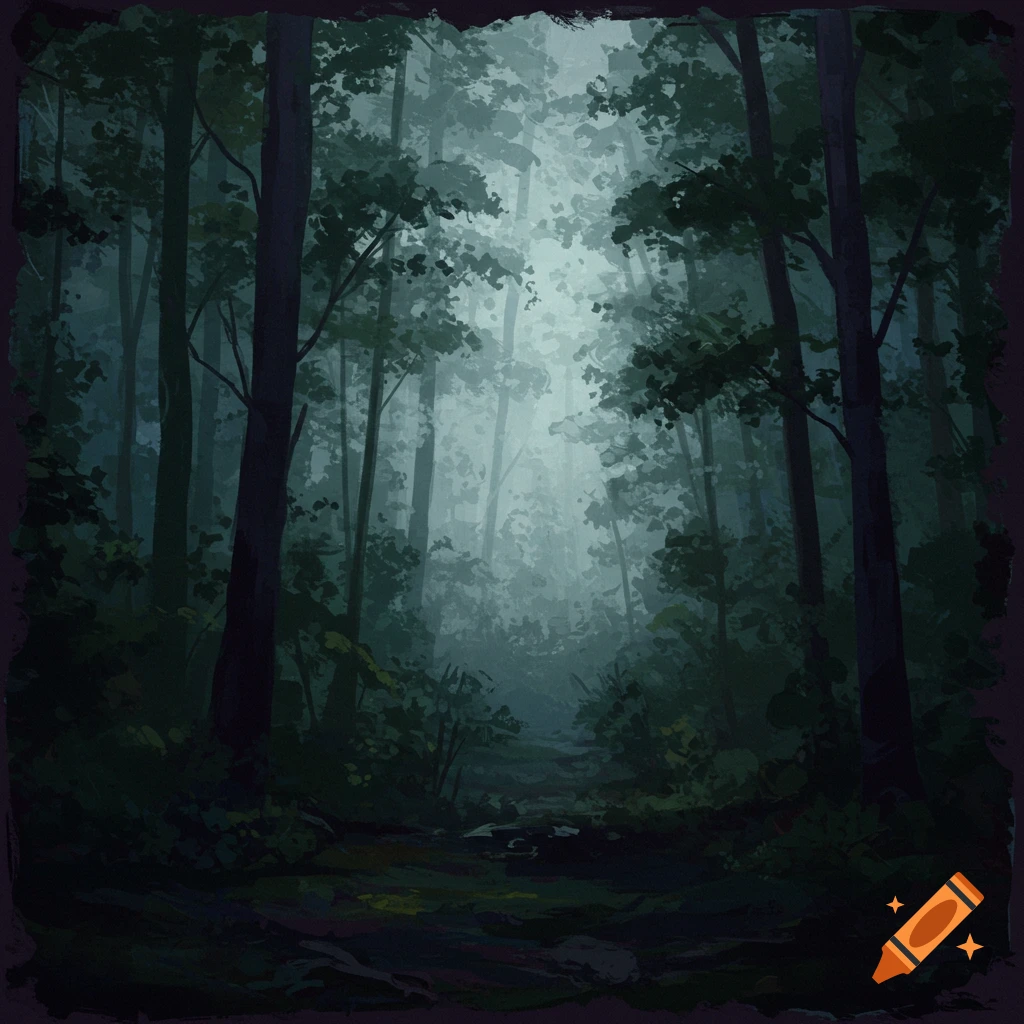 A dark, misty forest path with light filtering through the trees