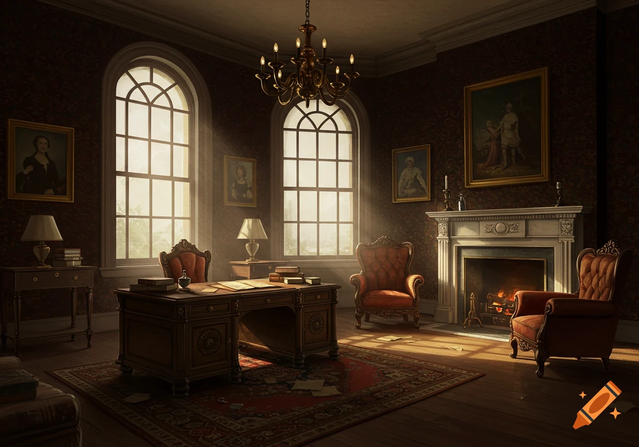 A richly decorated Victorian study room with a desk, chairs, fireplace, and large windows.