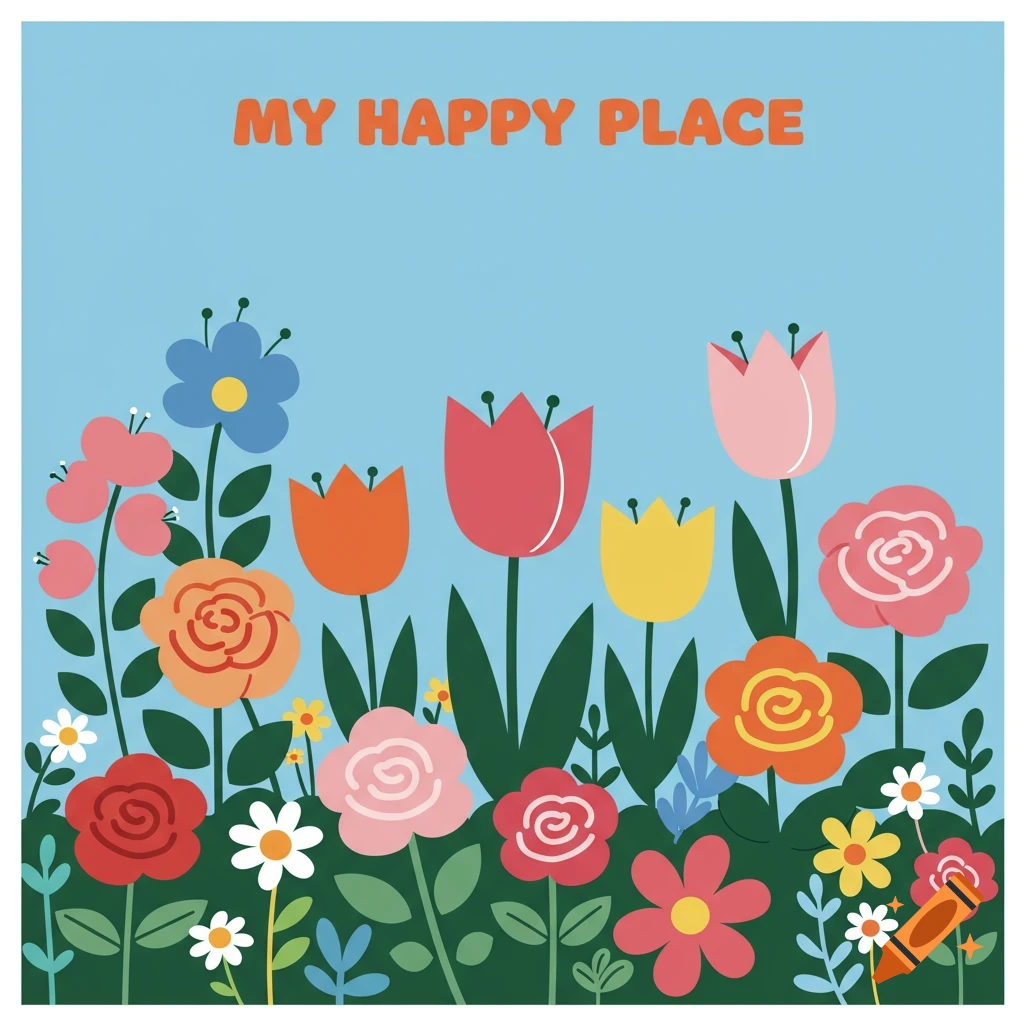 A colorful vector illustration of a flower garden with the text "MY HAPPY PLACE".