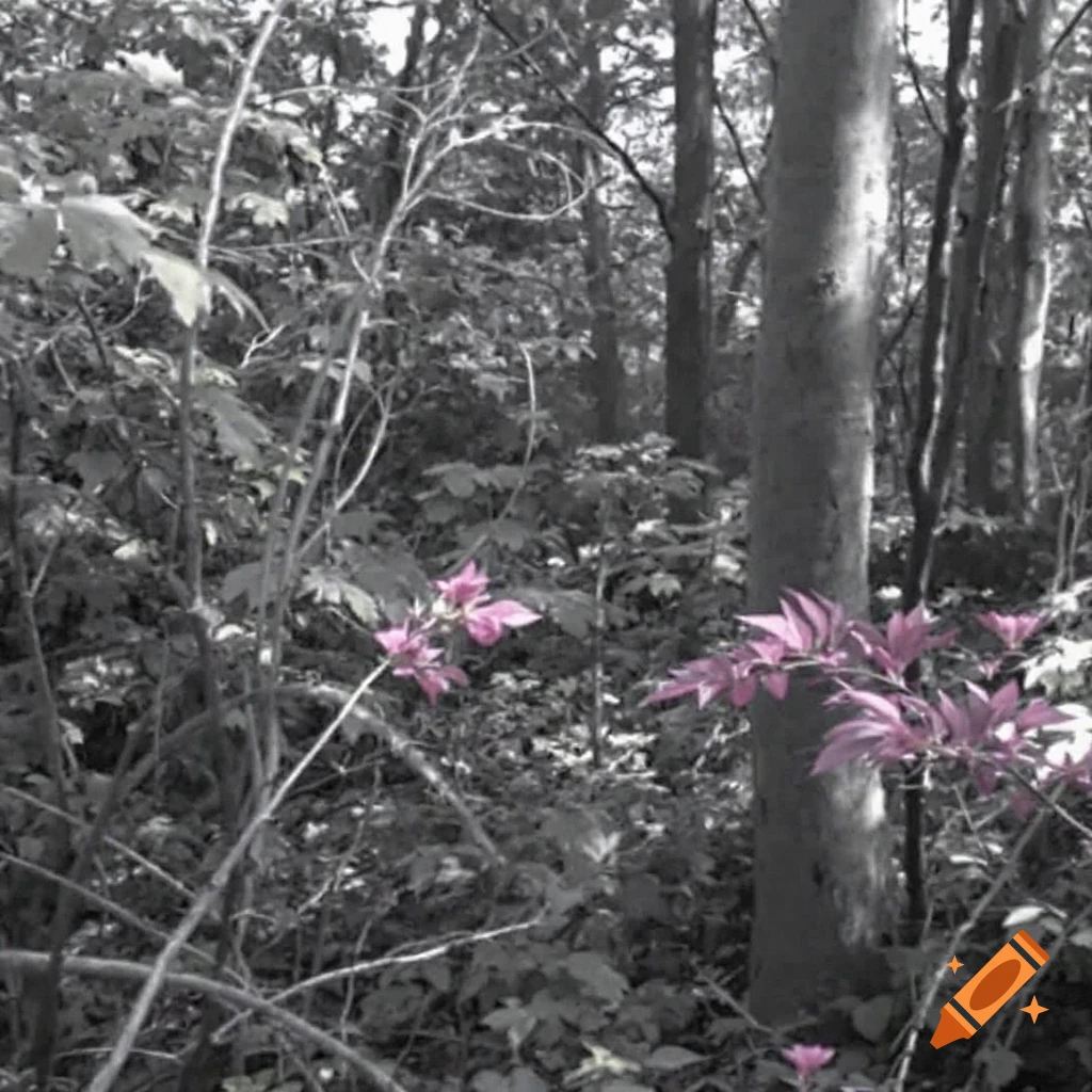 A grayscale forest with vibrant pink flowers in the foreground.