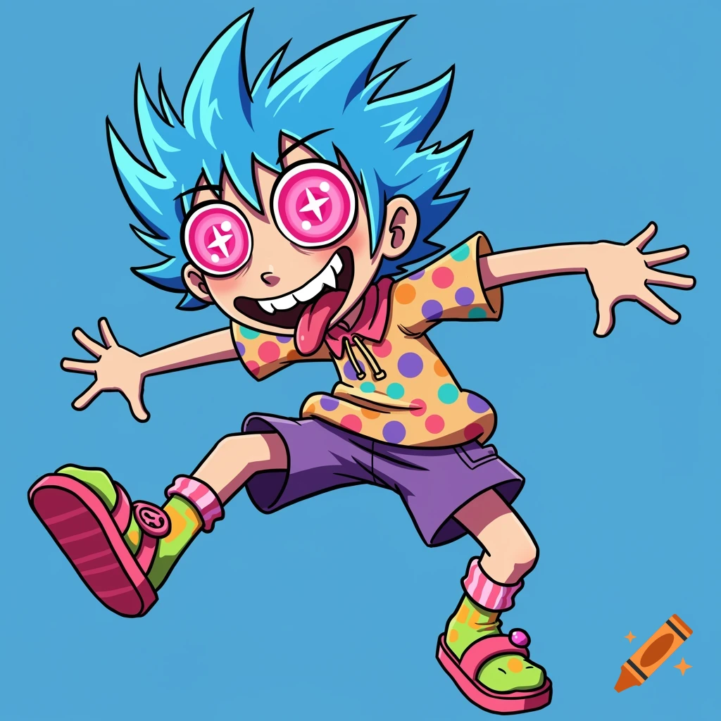Silly anime boy with blue spiky hair and pink cross eyes jumping in a colorful polka dot shirt.