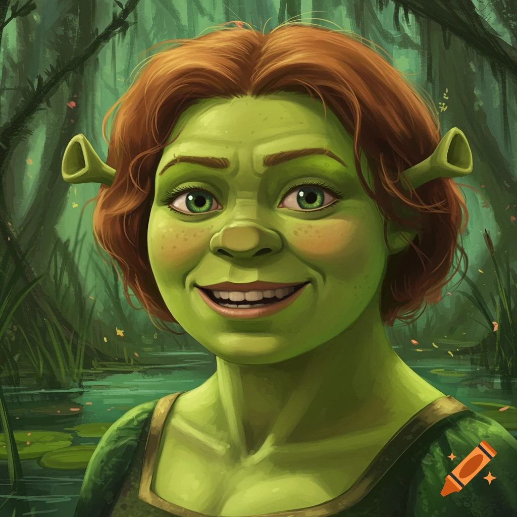 Fiona from Shrek is smiling in her ogre form in a swamp.