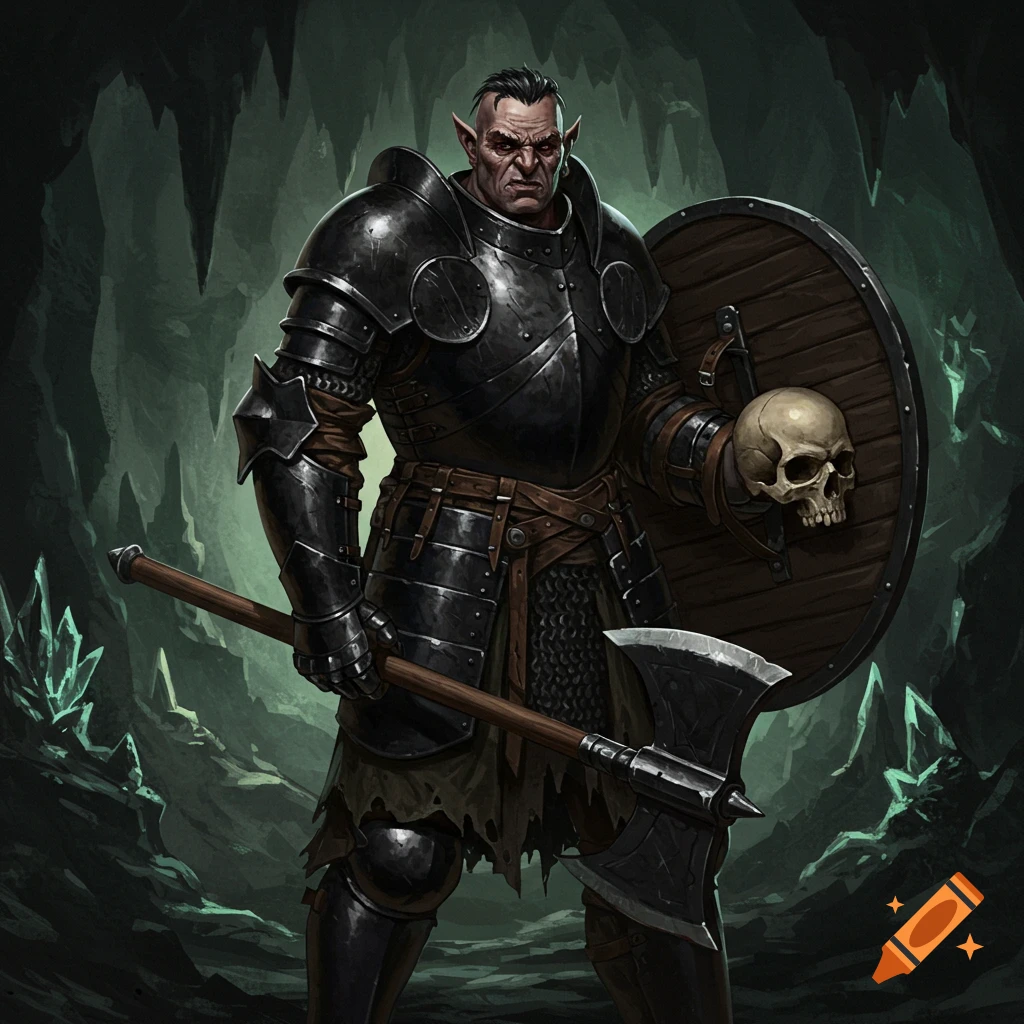 A fantasy warrior in black plate armor holding an axe and a skull.