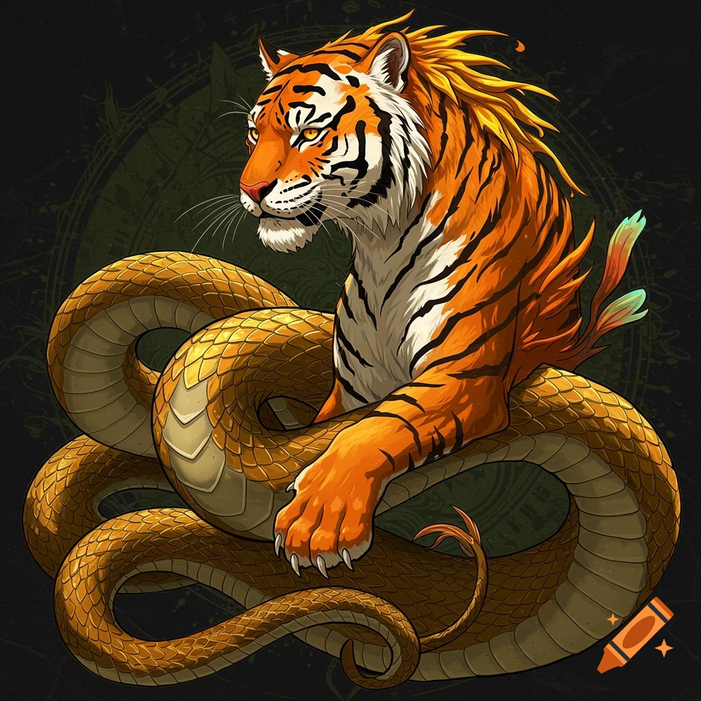 Painting of a tiger-snake fantasy creature against a dark background.
