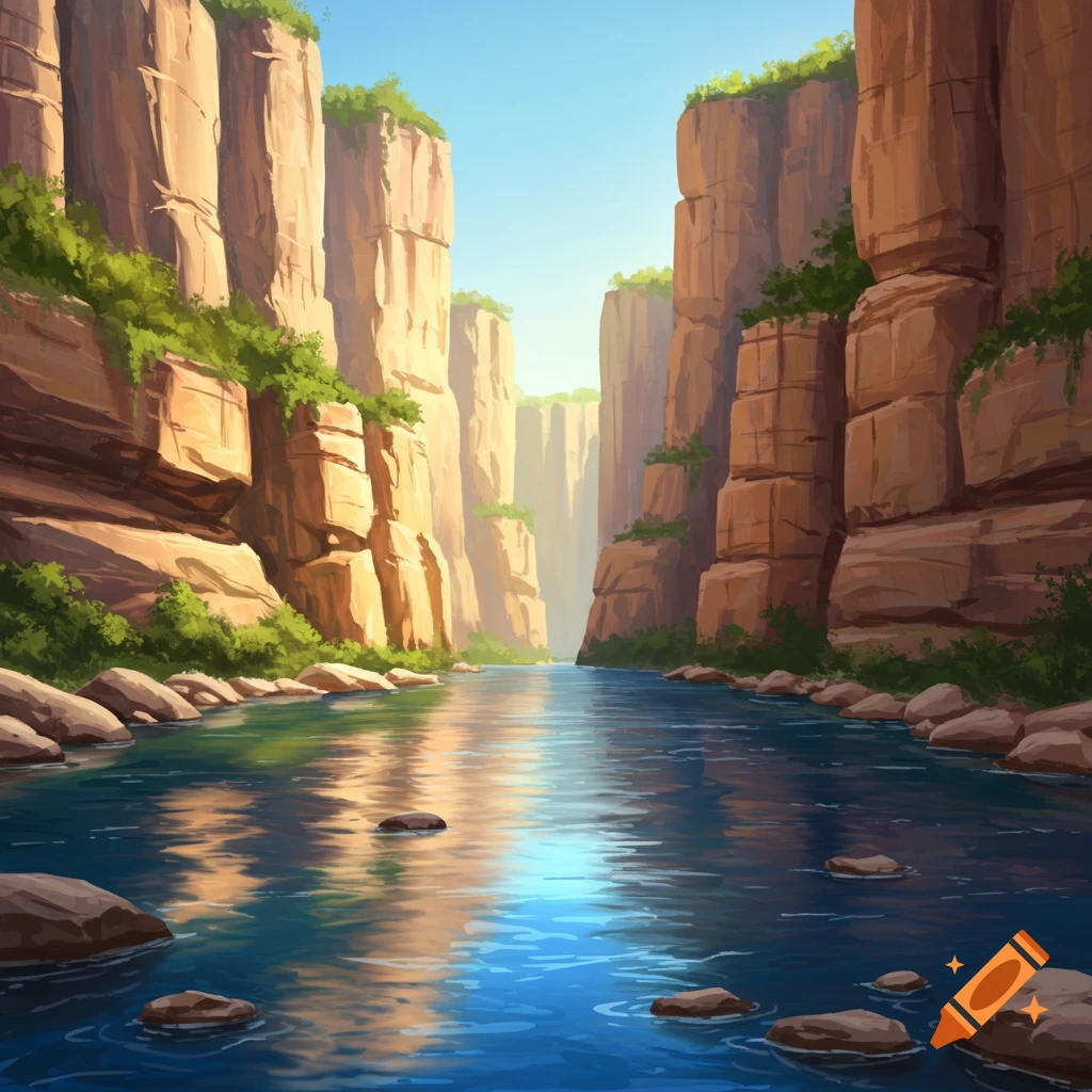 A river flowing through a canyon with tall cliffs.