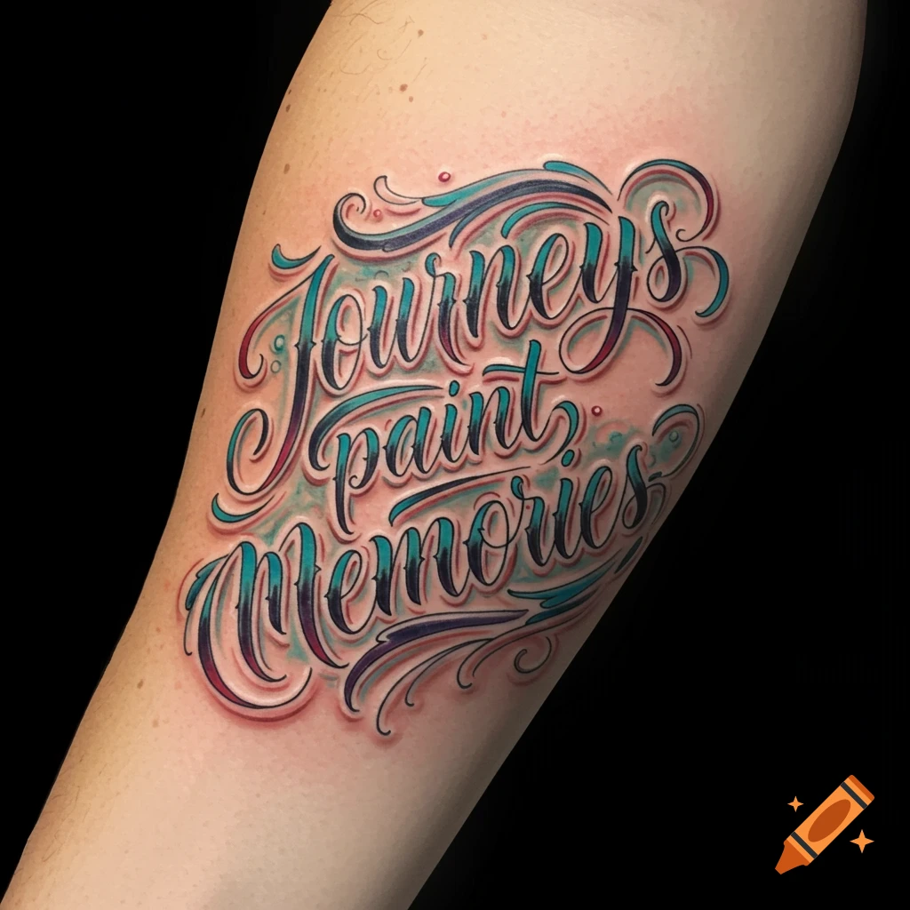 A tattoo of 'Journeys paint memories' in script font on a forearm.