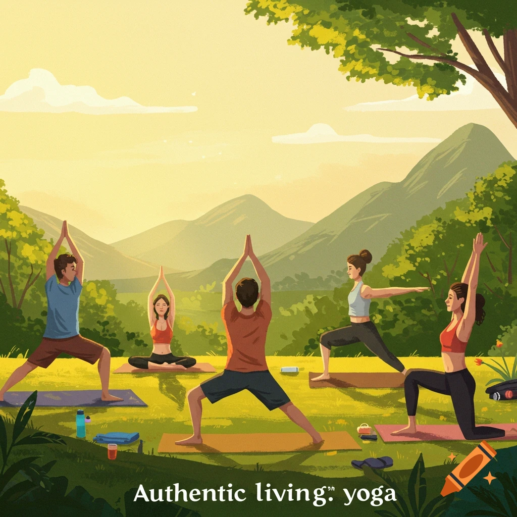 five people doing yoga outdoors in a scenic landscape.