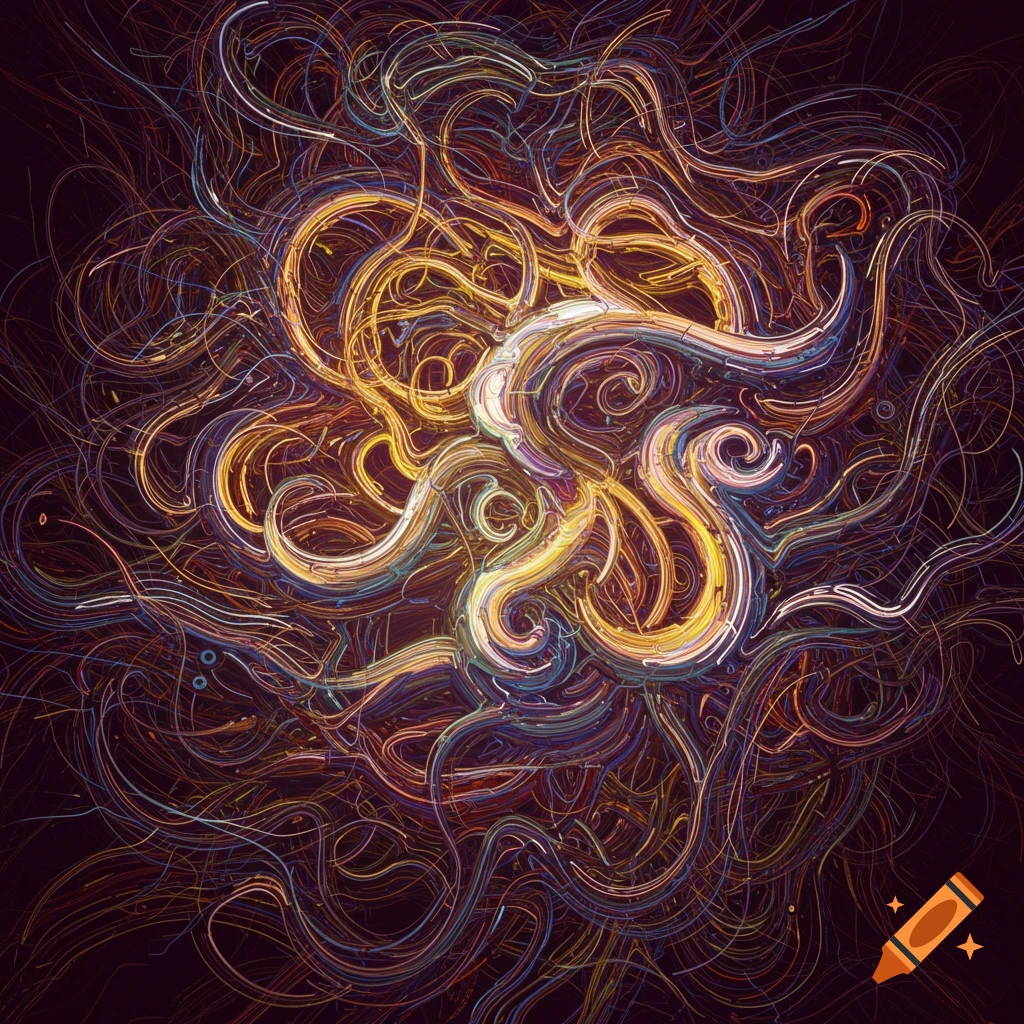 Vibrant abstract digital art of flowing, tangled lines in warm and cool colors.