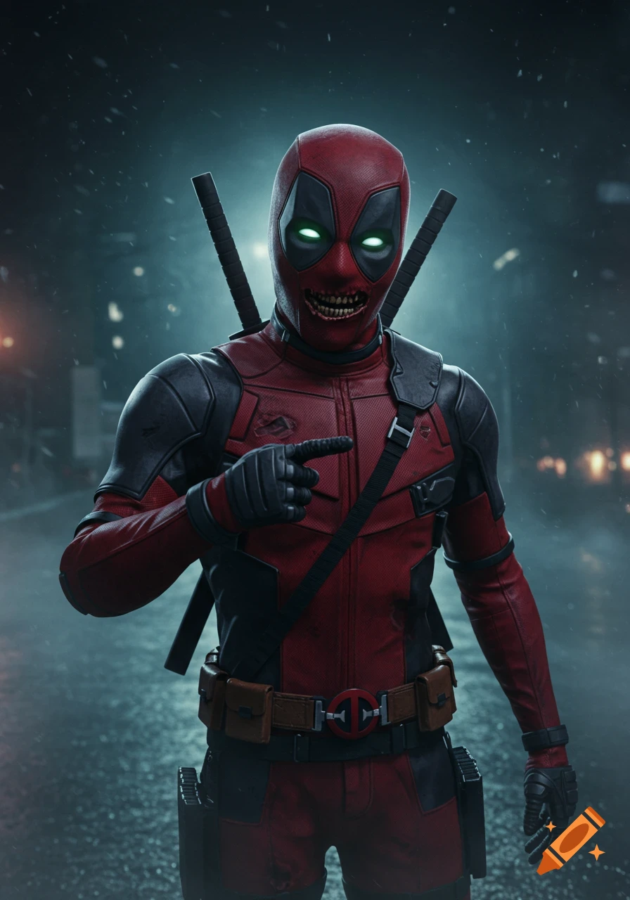 A hyper-realistic render of Deadpool with glowing eyes and a slightly undead appearance, pointing forward on a foggy street at night.