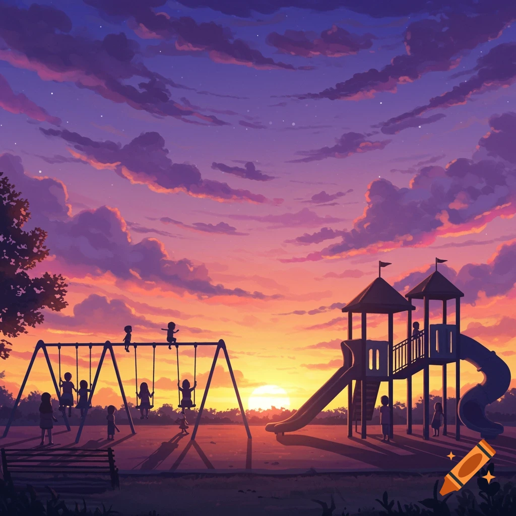 Children playing on a playground at sunset.