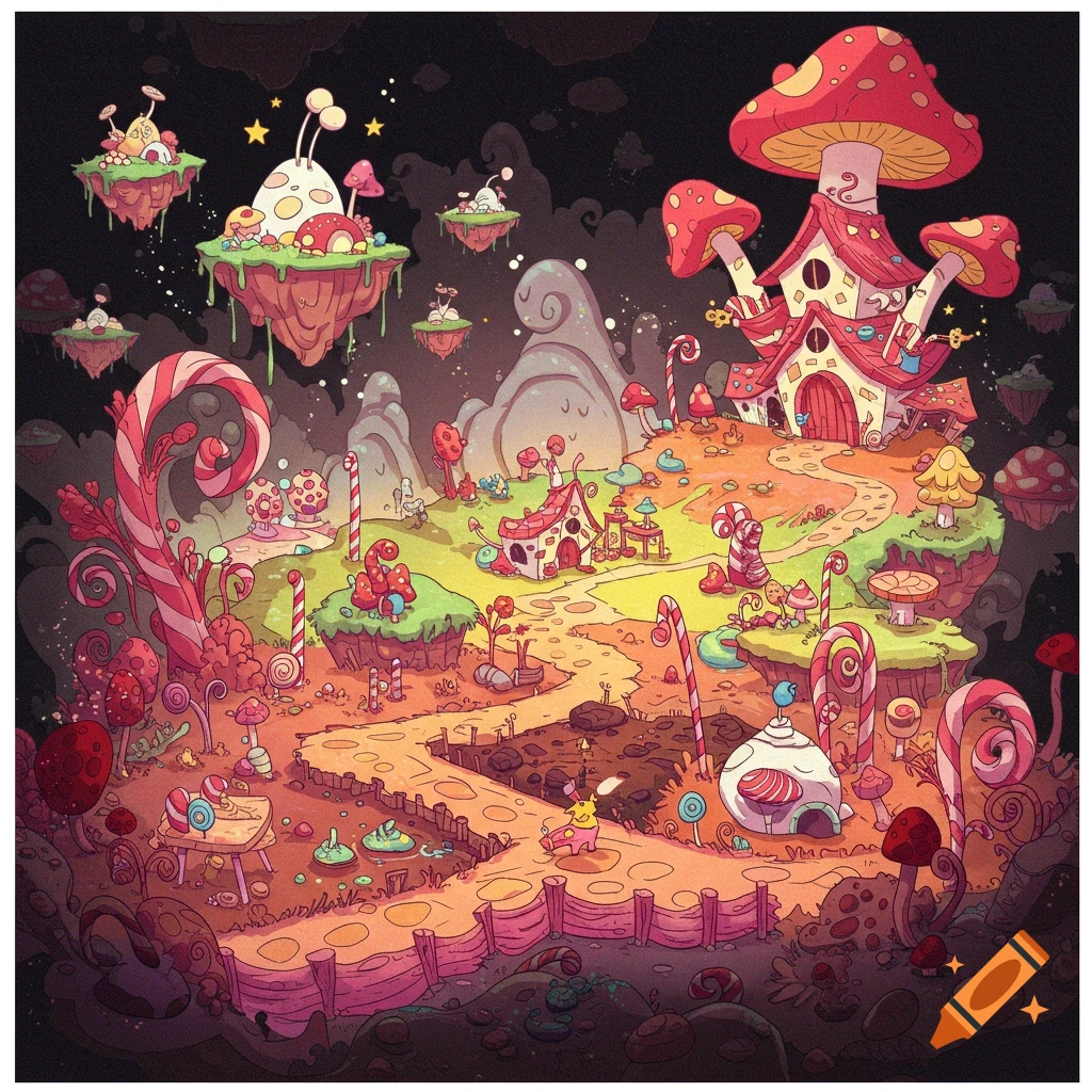A fantasy world with mushroom houses, candy canes, and floating islands.