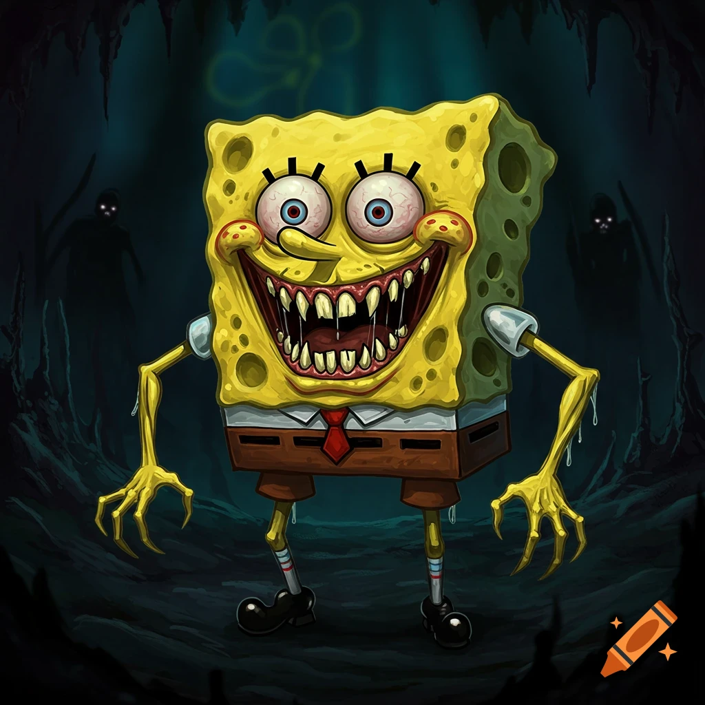 Horror version of Spongebob Squarepants in a dark cave setting.