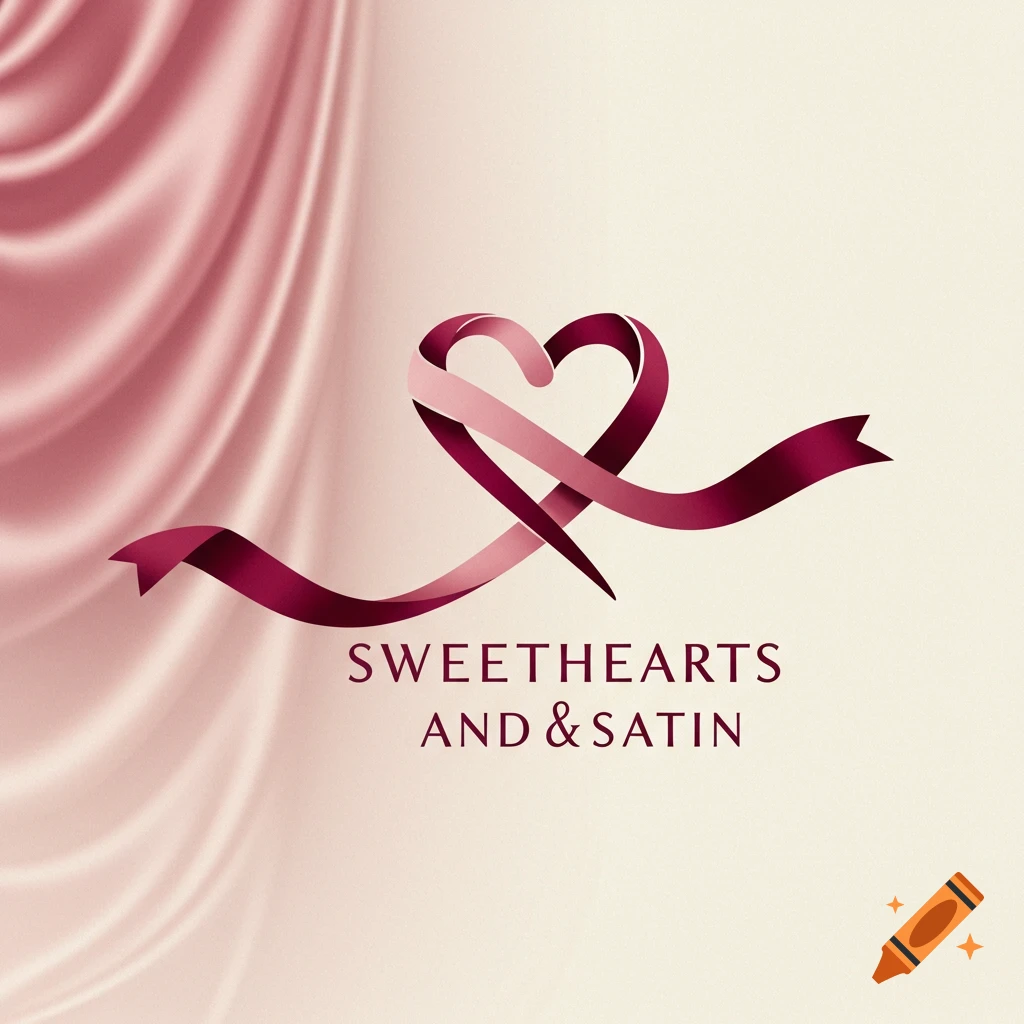 Logo with a pink ribbon heart and 'SWEETHEARTS AND & SATIN' text on a satin background.