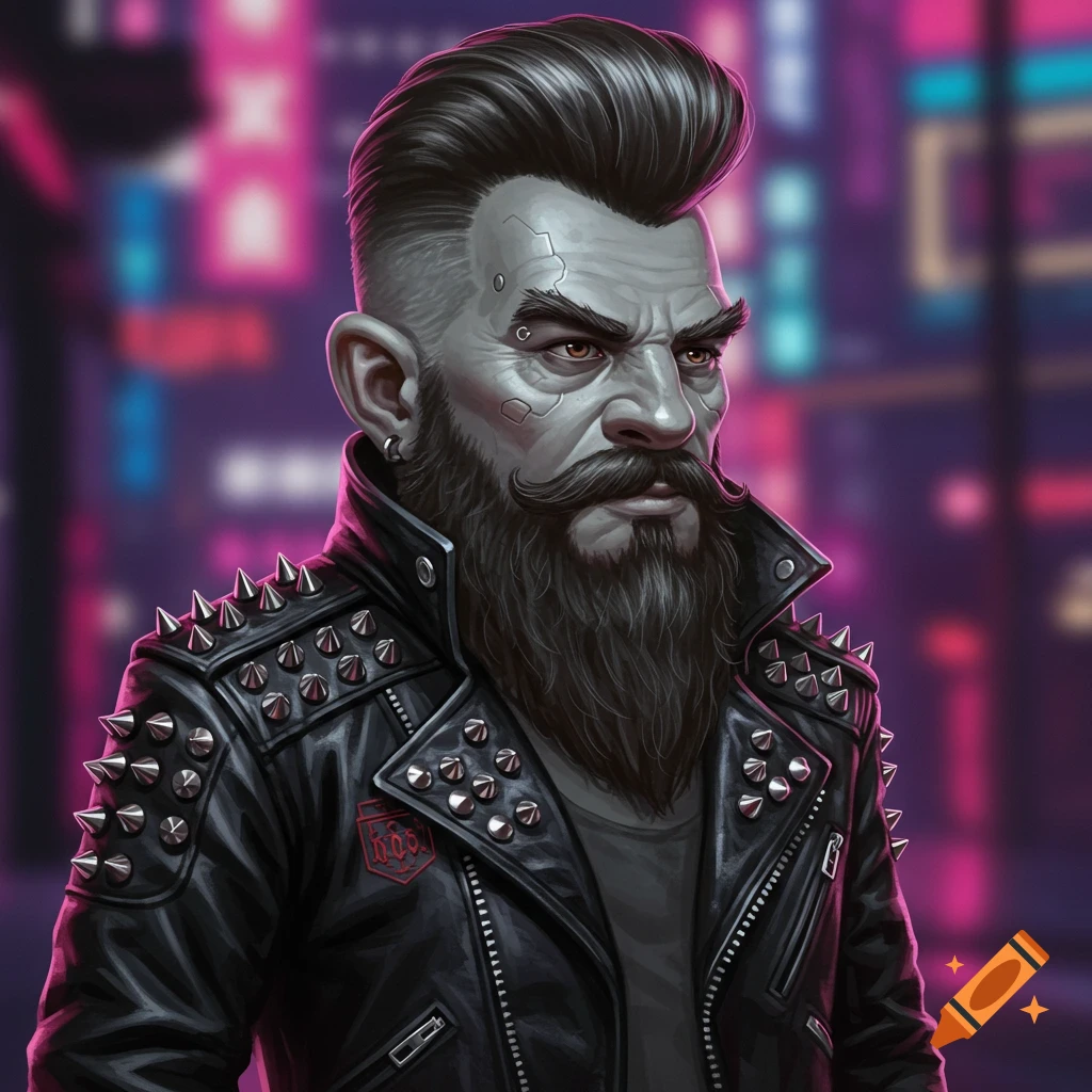 A gray-skinned character with beard and pompadour is wearing a studded leather jacket, in front of a cyberpunk background.