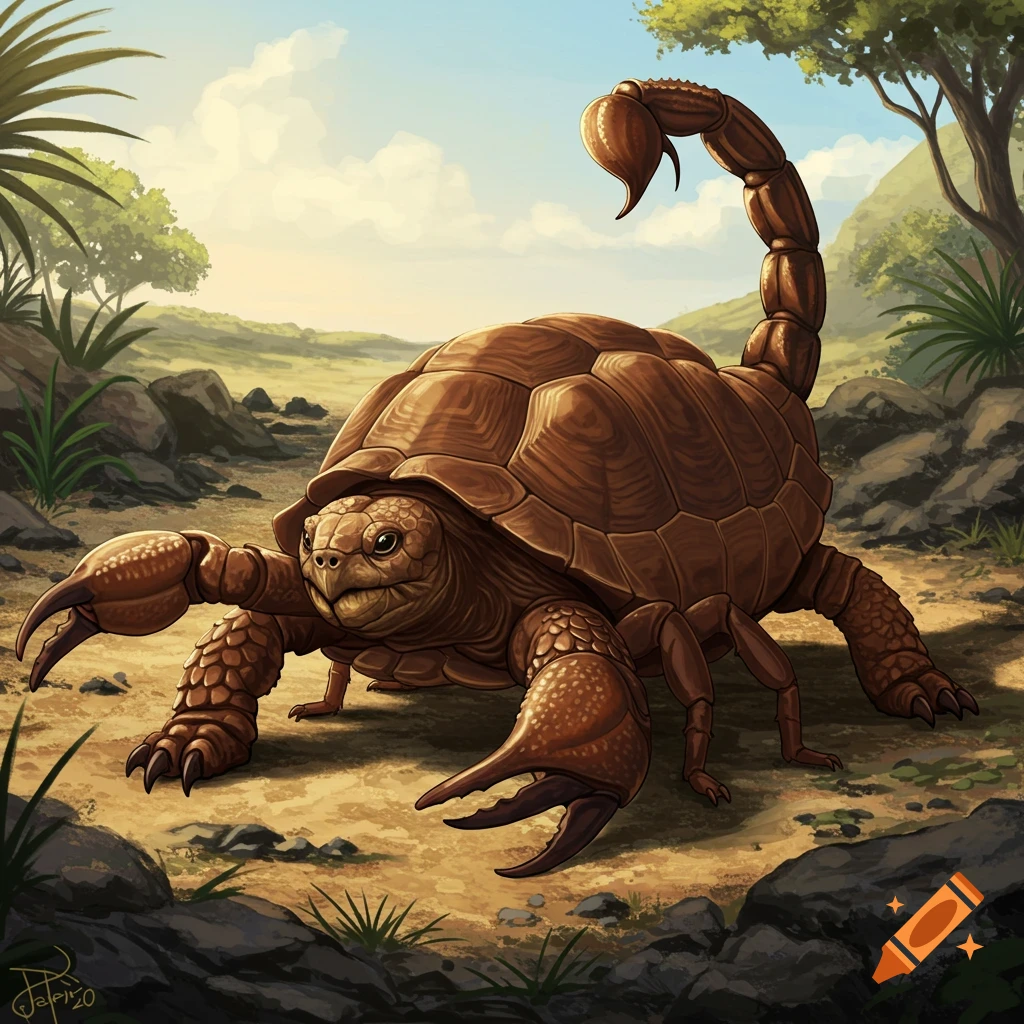 A hybrid creature resembling a tortoise with scorpion claws and tail in a desert landscape.