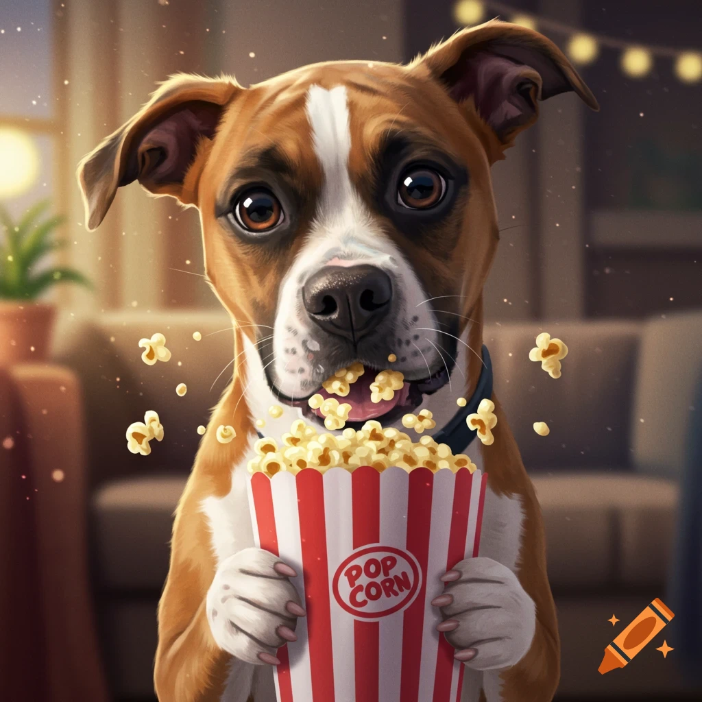 A boxer-lab dog eating popcorn from a red and white striped box.