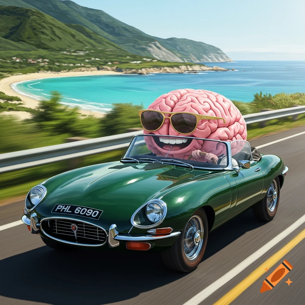 A smiling brain with sunglasses drives a green classic car along a coastal road.