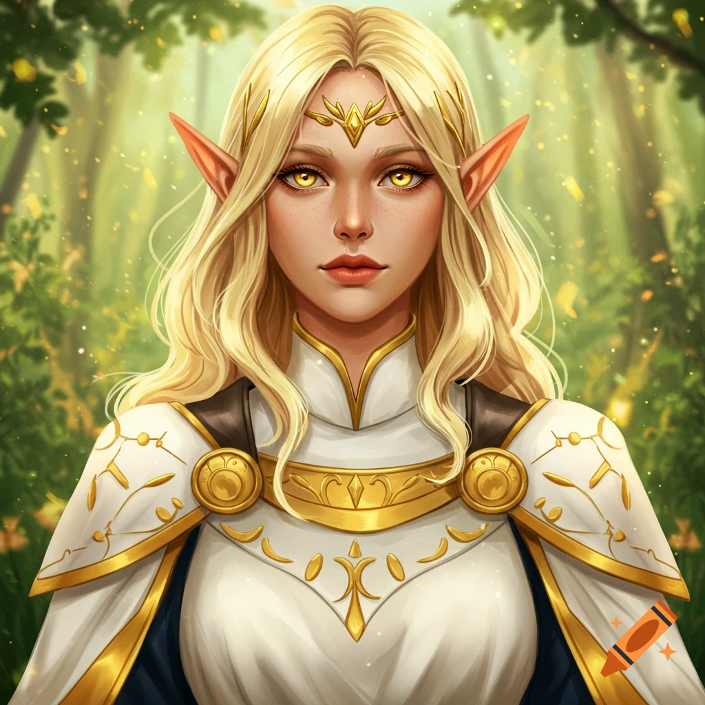 Portrait of a blonde fantasy woman with pointed ears and glowing eyes in ornate armor.