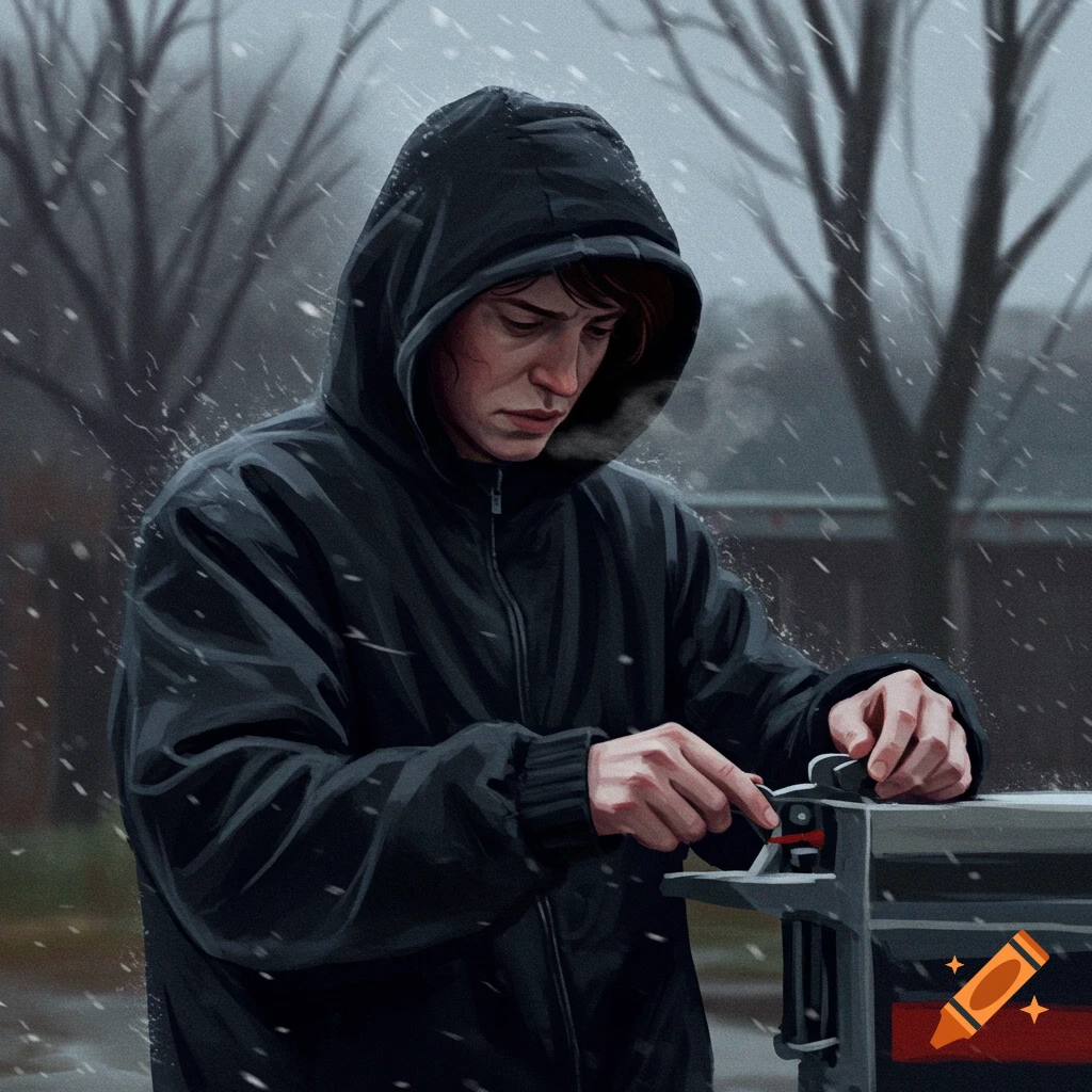 person in black hoodie working outdoors in snow
