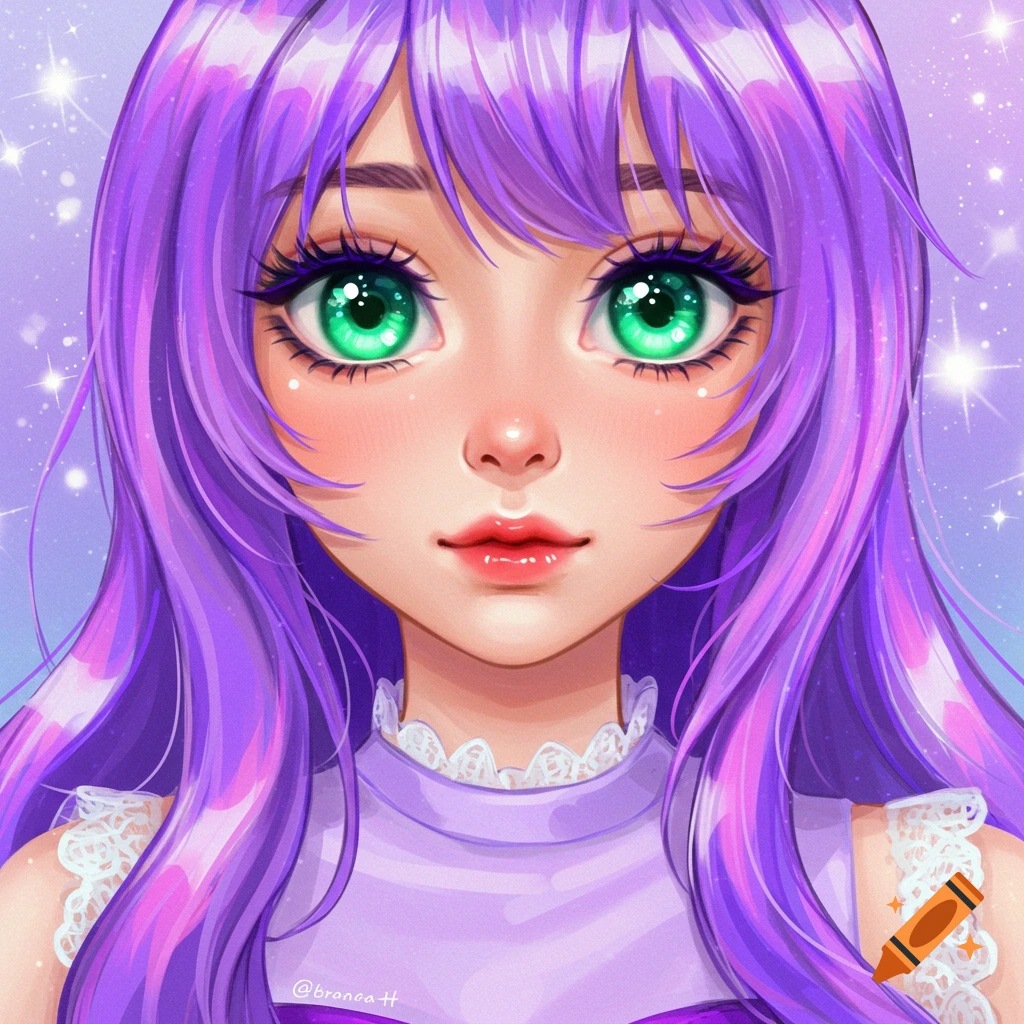 A portrait of an anime girl with purple hair and green eyes.