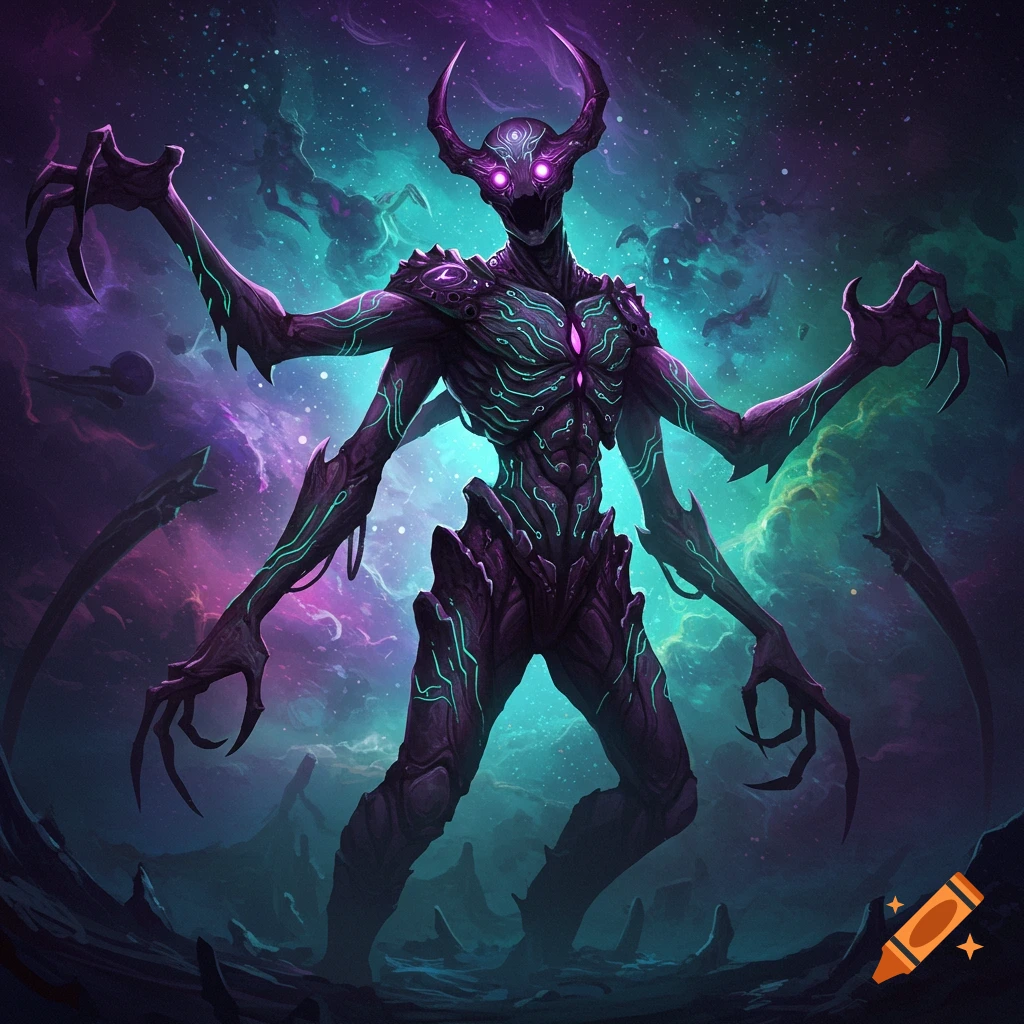 A purple monster with glowing eyes, horns, and multiple arms stands in a colorful space landscape.