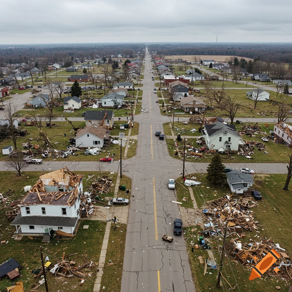 Aerial view of a small town street and houses heavily damaged by a tornado, with debris scattered everywhere.
