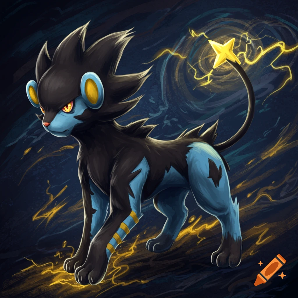A depiction of Luxray, a dark blue and black creature with yellow lightning effects.