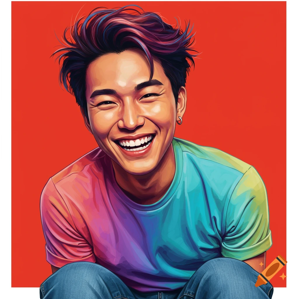 A young man laughing in a rainbow t-shirt against a red background.