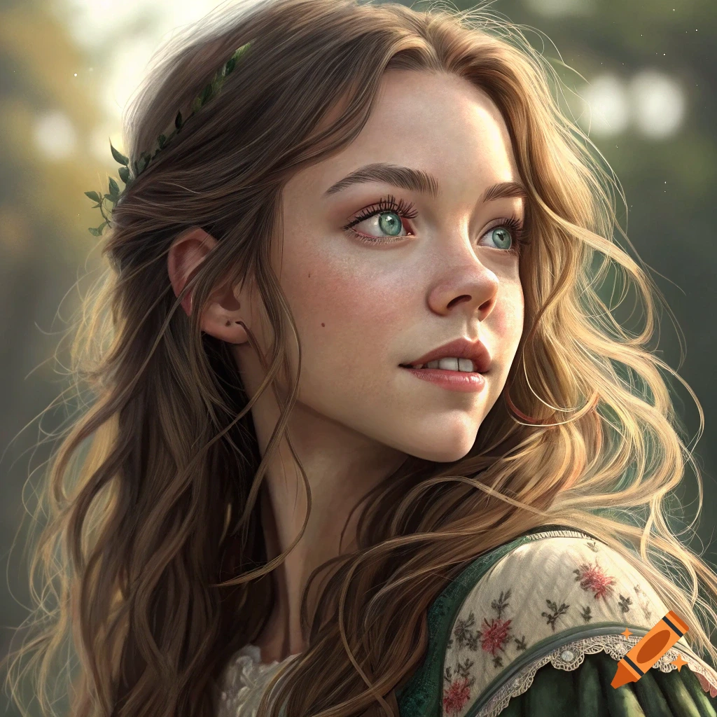 Close-up photorealistic portrait of a young woman with long brown wavy hair and light blue eyes looking away.