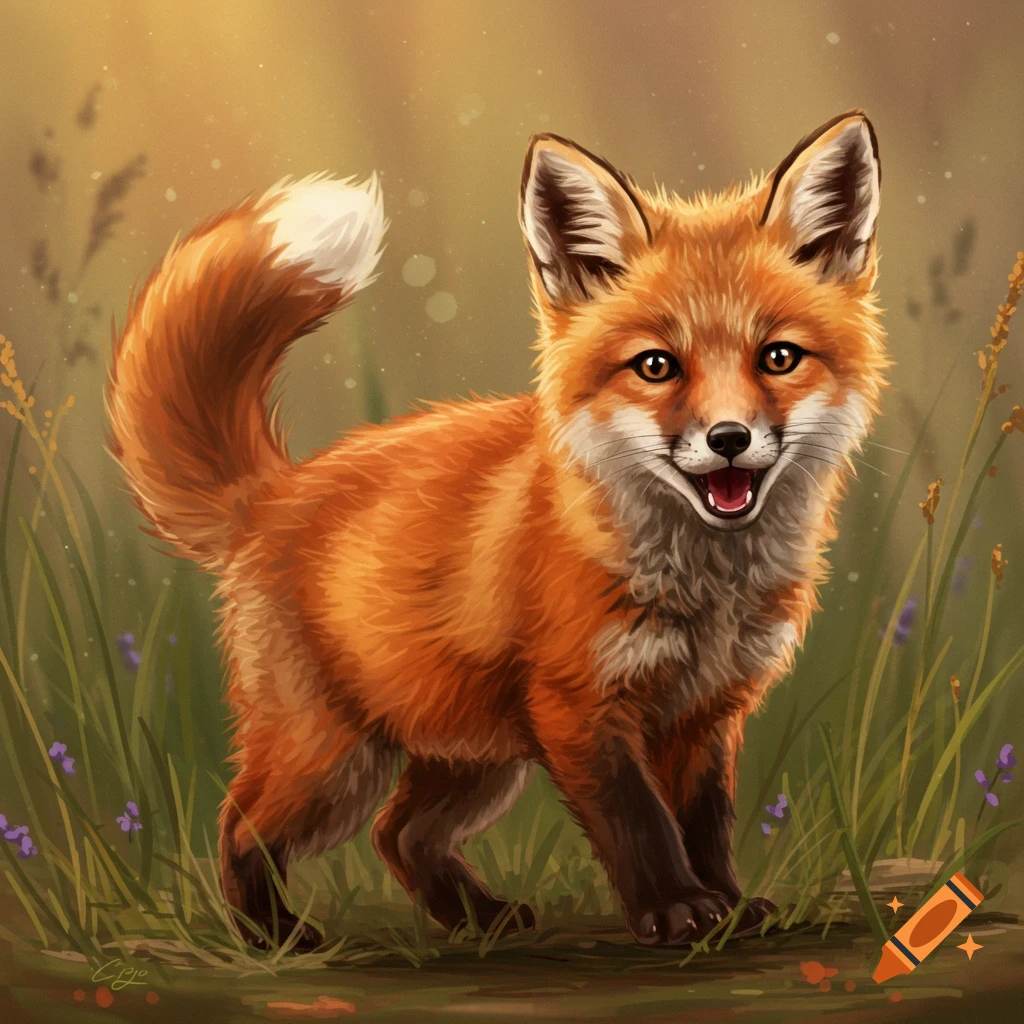 A cute baby fox stands in tall grass, looking forward with a slight smile.