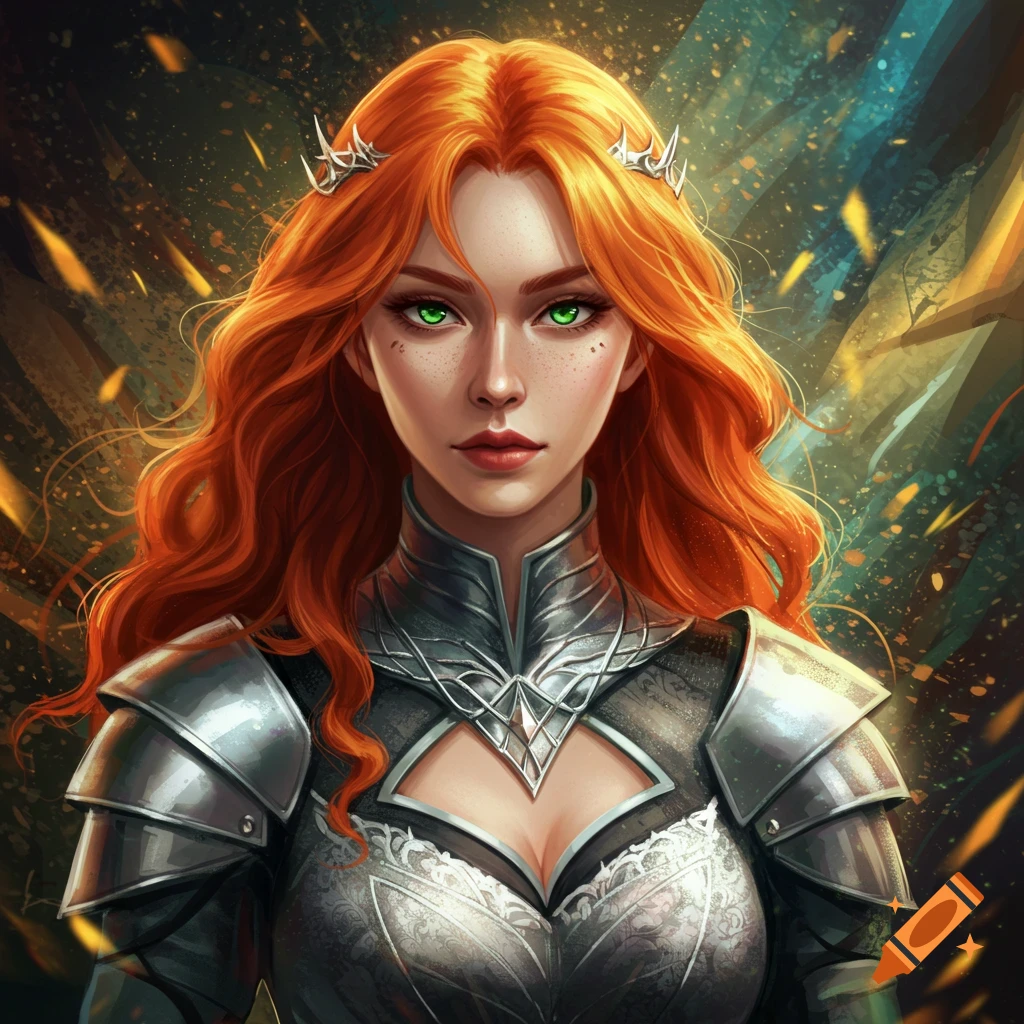 A woman with long red hair and green eyes wearing intricate silver and white armor, with a blurry background.
